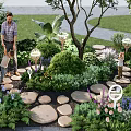 Outdoor Children's Play Area With Stone Path Green Plants And Family Interaction