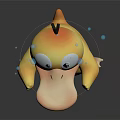 Cute Yellow Duck With Big Eyes 3D Cartoon Character And Blue Bubbles