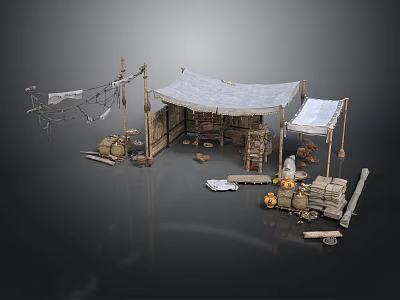 Rustic Market Stall Scene With Canvas Tent Wooden Poles Barrels And Sacks 3d model