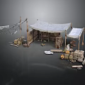 Rustic Market Stall Scene With Canvas Tent Wooden Poles Barrels And Sacks