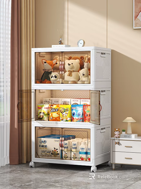 Practical Multi Tier Storage Cabinet With Transparent Doors For Stuffed Toys Snacks And Books 3d model 