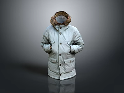 Light Colored Winter Coat With Fur Lined Hood And Button Front Style 3d model