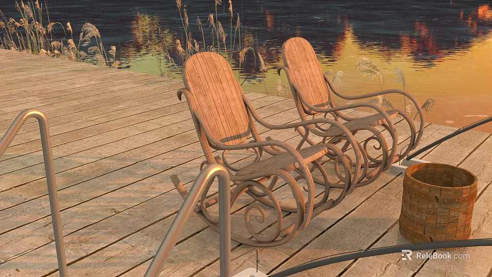 Scenic Lakeside View With Wooden Deck Two Rocking Chairs And Sunset Reflection 3d model 