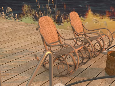 Scenic Lakeside View With Wooden Deck Two Rocking Chairs And Sunset Reflection 3d model