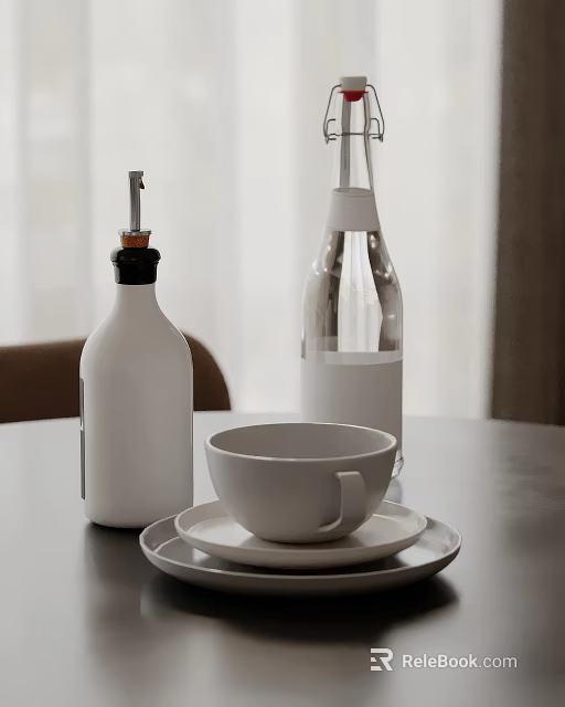 White Condiment Bottle Glass Water Bottle Ceramic Cup And Saucer On Table 3d model 