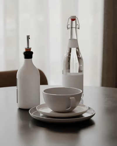 White Condiment Bottle Glass Water Bottle Ceramic Cup And Saucer On Table 3d model