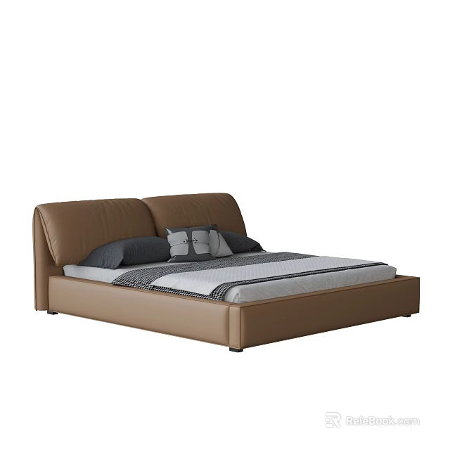 Brown Leather Double Bed With White Mattress And Gray Patterned Pillows 3d model