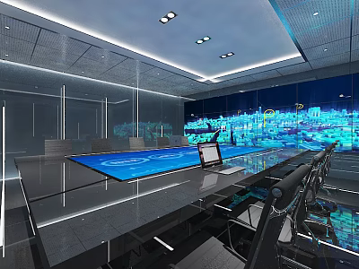 Modern Conference Room with Long Table Blue Surface Laptop and City Night View Large Screen 3d model