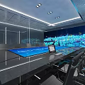 Modern Conference Room with Long Table Blue Surface Laptop and City Night View Large Screen