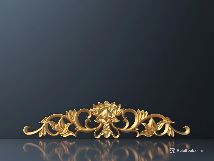 Ornate Golden Floral Vine Carving Design On Dark Background With Reflection 3d model 