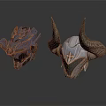 Fantasy Armor Helmets With Spiked Design And Horned Metallic Finish On White Background