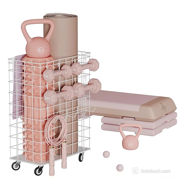 Pink Home Fitness Equipment Rack With Dumbbells Kettlebell Yoga Mat And Bench 3d model 