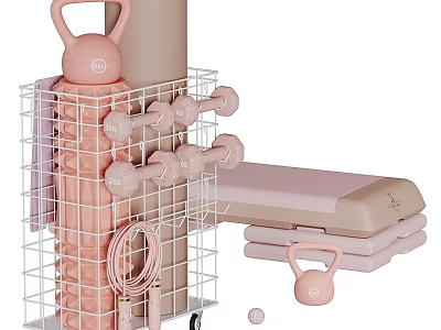 Pink Home Fitness Equipment Rack With Dumbbells Kettlebell Yoga Mat And Bench 3d model
