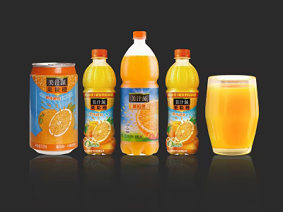 Refreshing Orange Juice Drinks With Canned Bottled Packaging And Glass Cup Serving 3d model