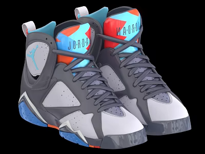 High Top Jordan Basketball Shoes Gray Blue Red Accents Leather Upper Transparent Blue Outsole Design 3d model