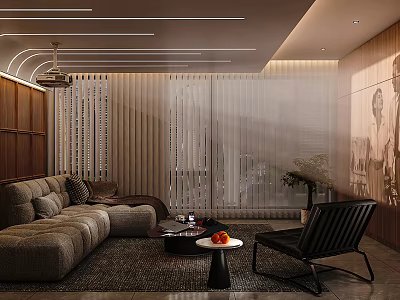 Modern Home Theater Interior Design With Gray Sofa Black Armchair And Lighting Elements 3d model