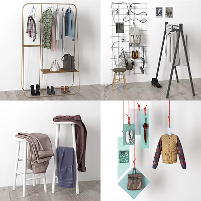 Modern Clothing Display Featuring Hanging Garments Folded Knitwear Bags Shoes And Wooden Stools 3d model