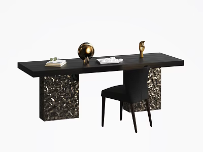 Elegant Black Desk With Ornate Legs Gold Spherical Decor Gold Vase And Black Chair 3d model