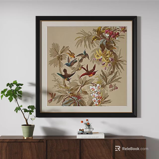 Botanical Painting with Hummingbirds Various Plants on Beige Background in Black Frame 3d model 