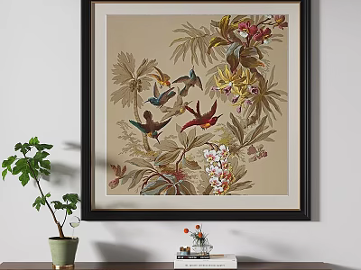 Botanical Painting with Hummingbirds Various Plants on Beige Background in Black Frame 3d model