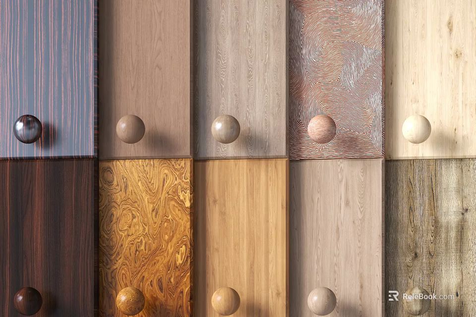 Stone and Wood Decorative Panels with Various Textures and Round Knobs for Interior Design 3d model 