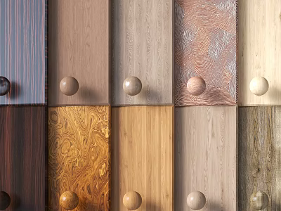 Stone and Wood Decorative Panels with Various Textures and Round Knobs for Interior Design 3d model