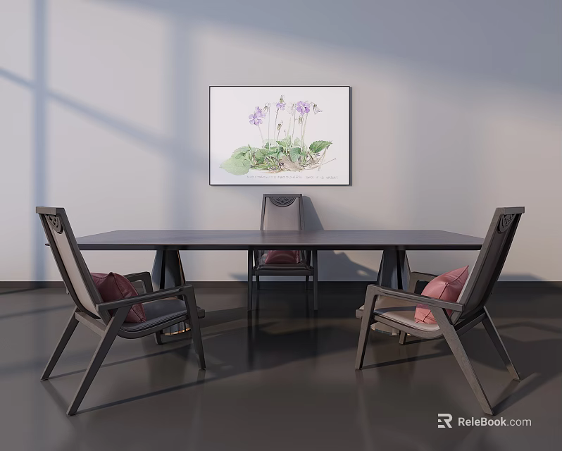 Long Wooden Dining Table With Three Chairs And Pink Cushions Under Floral Painting 3d model 