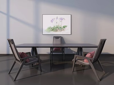 Long Wooden Dining Table With Three Chairs And Pink Cushions Under Floral Painting 3d model