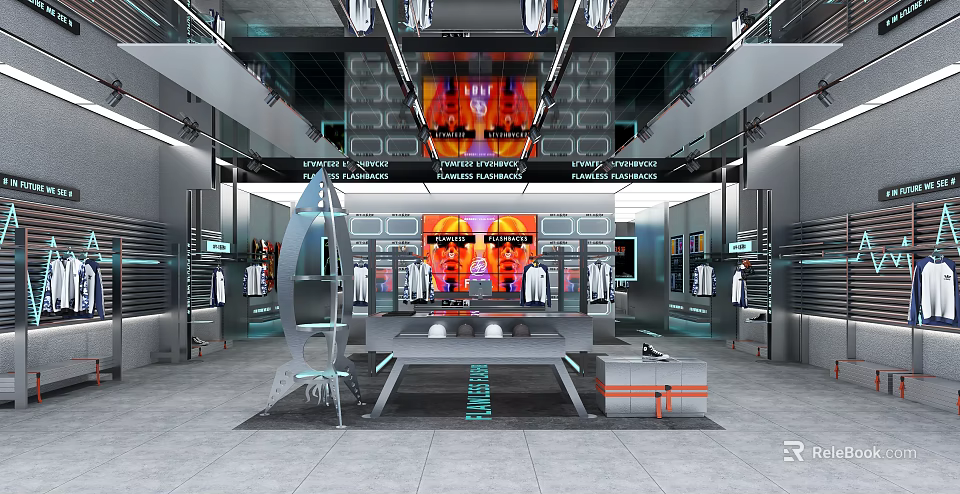 Modern Clothing Store Interior With Stylish Apparel Display Racks And Lighting 3d model 