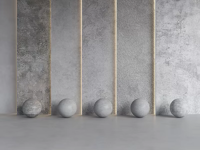 Minimalist Interior Featuring Gray Textured Wall Panels And Spherical Decor 3d model