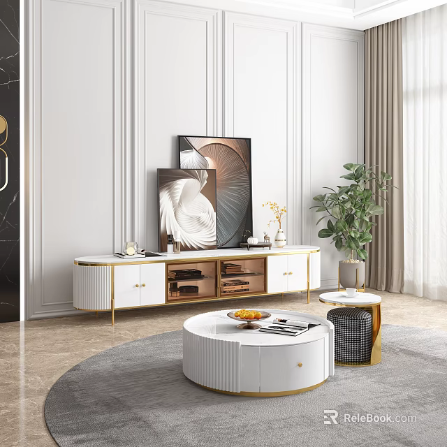 Modern Luxury Living Room White Coffee Table With Round Design Gold Frame And Decorative Elements 3d model 