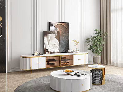 Modern Luxury Living Room White Coffee Table With Round Design Gold Frame And Decorative Elements 3d model