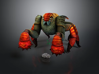 Giant Aquatic Crab with Red Orange Claws and Green Armored Shell Near Small Rock 3d model