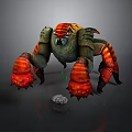 Giant Aquatic Crab with Red Orange Claws and Green Armored Shell Near Small Rock