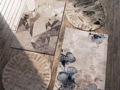 Modern Square Rugs With Geometric And Ink Painting Floral Designs On Wooden Floor 3d model