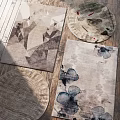 Modern Square Rugs With Geometric And Ink Painting Floral Designs On Wooden Floor