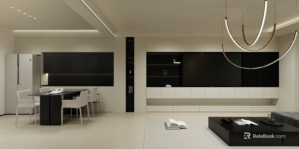 Modern Living and Dining Room Interior With Black Cabinets White Table And Curved Pendant Lights 3d model 