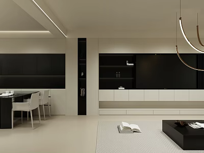 Modern Living and Dining Room Interior With Black Cabinets White Table And Curved Pendant Lights 3d model