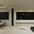 Modern Living and Dining Room Interior With Black Cabinets White Table And Curved Pendant Lights