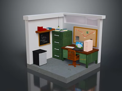 Green Desk Filing Cabinet in Compact Office with Wooden Chair Chalkboard Bulletin Board and Computer 3d model