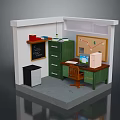 Green Desk Filing Cabinet in Compact Office with Wooden Chair Chalkboard Bulletin Board and Computer
