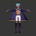 Anime Character 3D Model With Blue Green Hair Purple Cape And Open Arms Pose