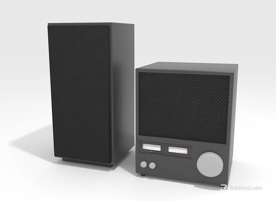 Black Floor Standing And Compact Speakers With Modern Grid Design And Control Panel 3d model