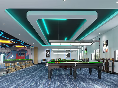 Modern Billiard Room Interior Design With Pool Tables Ceiling Lights Bar Counter And Posters 3d model