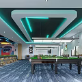 Modern Billiard Room Interior Design With Pool Tables Ceiling Lights Bar Counter And Posters