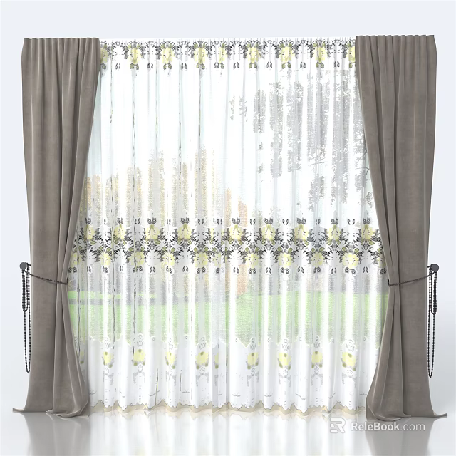 Dark Gray Thick Curtains With White Sheer Panels And Yellow Black Floral Patterns Tied Back 3d model 