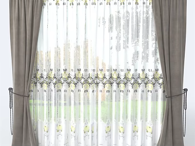 Dark Gray Thick Curtains With White Sheer Panels And Yellow Black Floral Patterns Tied Back 3d model