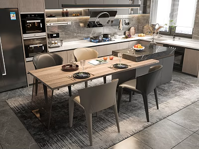 Modern Wooden Dining Table Set With Four Gray Chairs And Kitchen Background 3d model