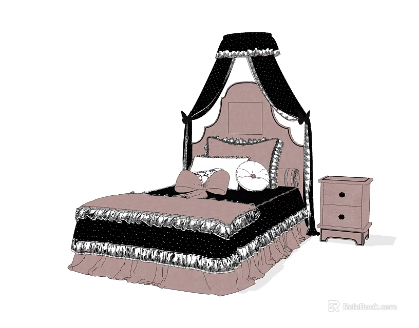 Single Bed With Black Canopy Pink Bedding Lace Trim And Wooden Bedside Table 3d model 