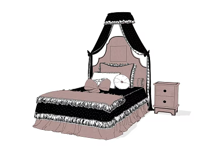 Single Bed With Black Canopy Pink Bedding Lace Trim And Wooden Bedside Table 3d model